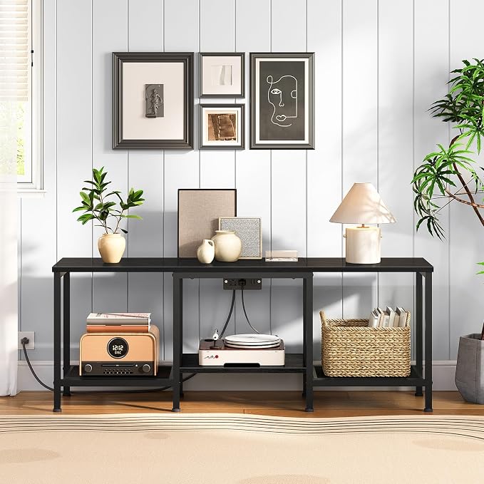 HOOBRO TV Stand with Charging Station to 55 Inches, LED Entertainment Center, Media TV Console Table with Open Storage Shelving for Living Room, Bedroom, Black BB122UDDS01 - Image 4