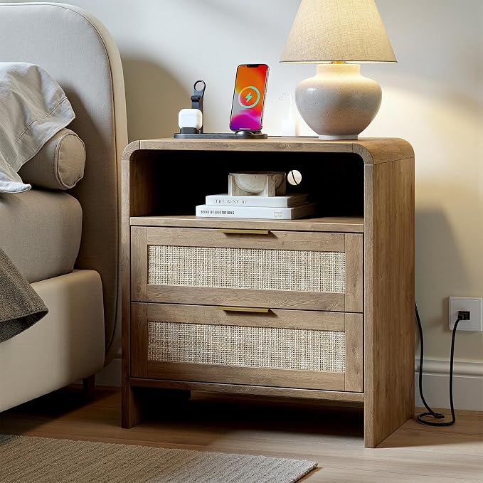 Evermagin Rattan Nightstand Set of 2 with Charging Station, 23" Large Caramel Night Stand with 2 Rattan Drawers, Boho Bedside Table Tall End Table with Outlet for Bedroom - Image 3