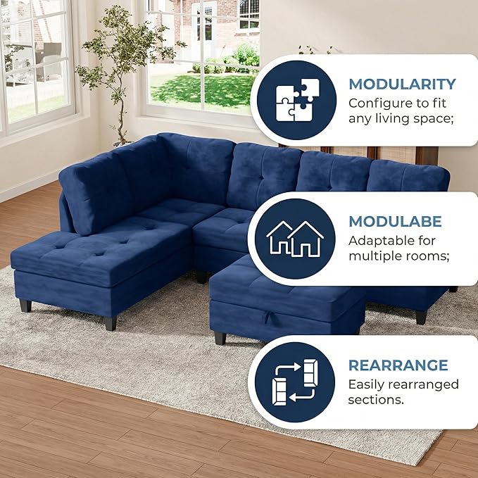 3-Piece L-Shaped Modular Sectional Sofa with Movable Chaise & Storage Ottoman, Convertible Lounge Couch for Living Room, Apartment & Office, Blue