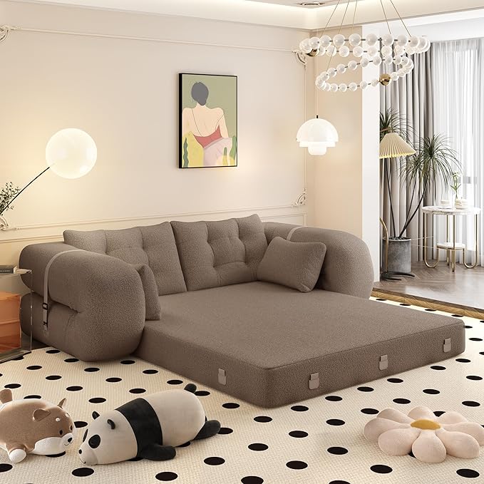 78.7" Convertible Sofa Bed, 3-in-1 Folding Floor Couch with 4 Pillows, Sleeper Sofa for Living Room and Guest Bed, No Assembly Required (Brown, Teddy Fabric)