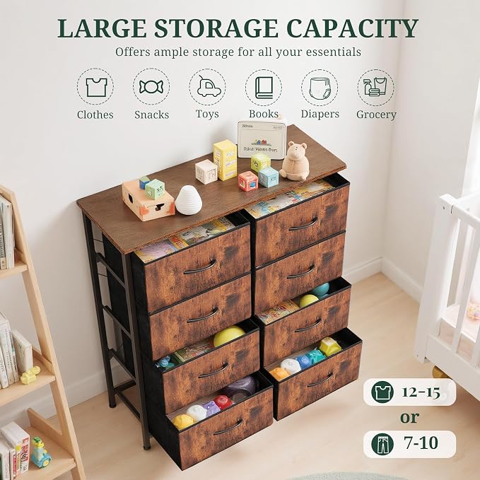 8-Drawer Dresser for Bedroom, Anti-Tip Tall Storage Organizer Chest of Drawers with Wooden Top and Metal Frame Fabric Bins for Closet, Living Room, Hallway, Entryway, Brown - Image 5