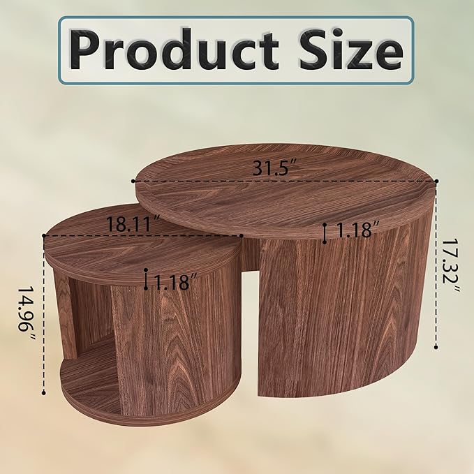 Round Nesting Coffee Table Set of 2, Mid Century Modern Circle Coffee Table, 31.5"&18" Wooden Circle Accent Tables with Wood Top, Minimalist Center Table, Space-Saving Side Table Set for Living Room