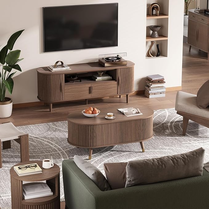 Oval Coffee Table with Storage, 42.5” Fluted Coffee Table with Lifting Top & Solid Wood Legs, Modern Lift Up Center Table for Living Room, Home Office, Walnut