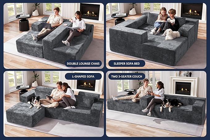 Homguava Modular Sectional Couches for Living Room,105" Cloud Couch with L-Shape Chaise,Comfy Sofa Living Room Couch with Deep Seat,No Assembly L Couch,Luxury Distressed Velvet(Grey,L)