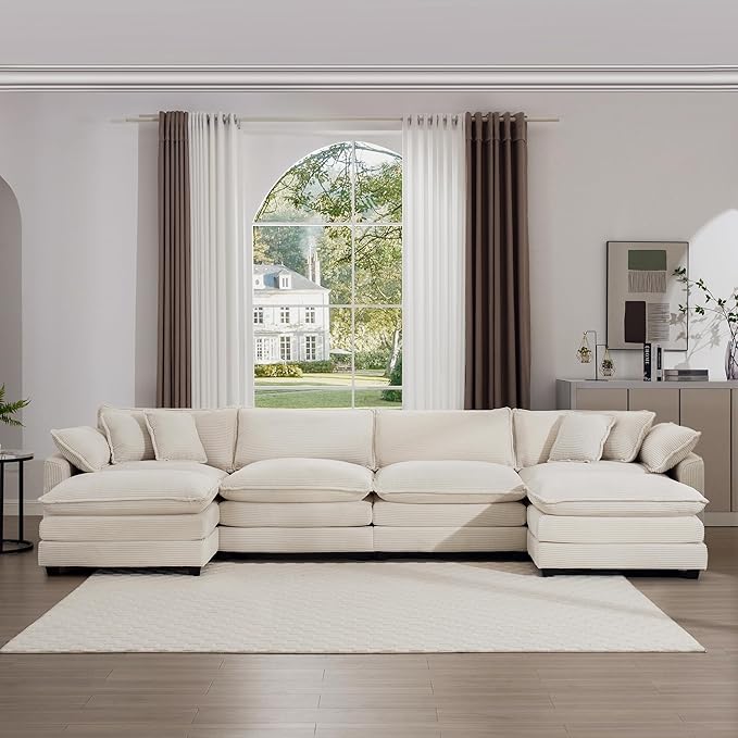 KEIKI 150" U-Shaped Oversized Corduroy Modular Sectional Sofa with 2 Ottoman, High-Density Foam Cushions, Removable Armrests, Upholstered 4-Seater Corner Couch with 6 Pillow, for Living Room, Beige