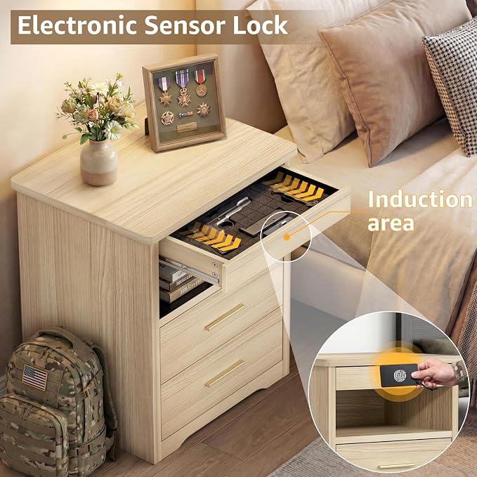 Wood Nightstand with Gun Drawer for Bedroom Wooden 3 Drawers Night Stand Gun Safe for Handgun Bed Side Table with Storage Hidden Compartment Locking Drawer - Image 4