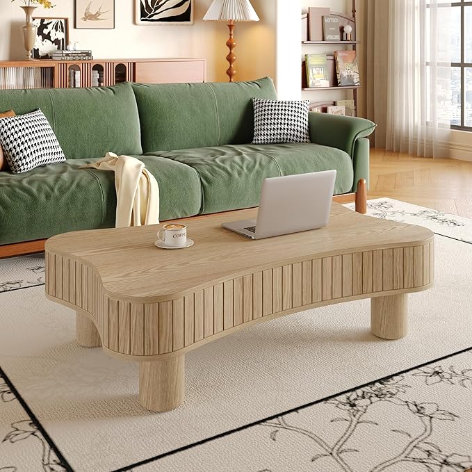 Cloud Lift Top Coffee Table with Storage, 42.52" Modern Lrregular Fluted Coffee Tables with Lifting Top,Cute Low Center Tables for Living Room, Apartment or Office-Natural