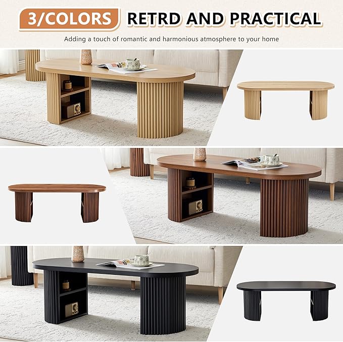 AVZEAR Fluted Oval Coffee Table with Storage for Living Room, Boho Modern Coffee Table, Curved Round Wood Center Table for Home, Small Spaces, Office, Natural(47.24" x 19.69" x 15.74")