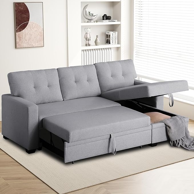Rovibek 82" Convertible Sofa Bed Couch with Storage - 4 in 1 L Shaped Sofa with Pull Out Couch Bed for Living Room, Apartment, Office, Small Spaces, Light Grey
