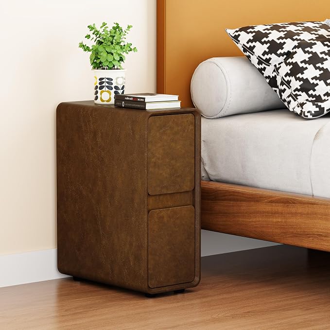 7.8" W Faux Leather Narrow Nightstand, Modern Fully-Assembled Bedside Table with 2 Drawers, Wood Night Stand Small Accent End Table & Side Table for Bedroom, Brown by HOCAT