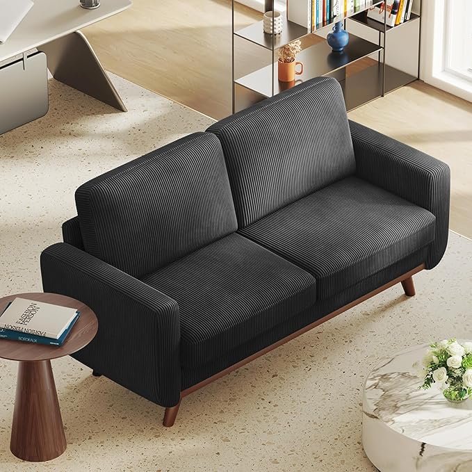 68" Black Corduroy Loveseat Sofa, Comfy Deep Seat Couch with Spring Cushion & Solid Wood Frame, Modern 2-Seater Sofa for Living Room Bedroom Office