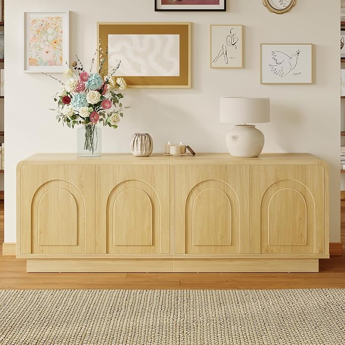 Bestier 63" Mid Century Modern TV Stand for Living Room, Wood Media Console Cabinet for TVs up to 70", Entertainment Center with 4 Arched Doors, Hidden Storage & Adjustable Shelves, Natural Oak - Image 8