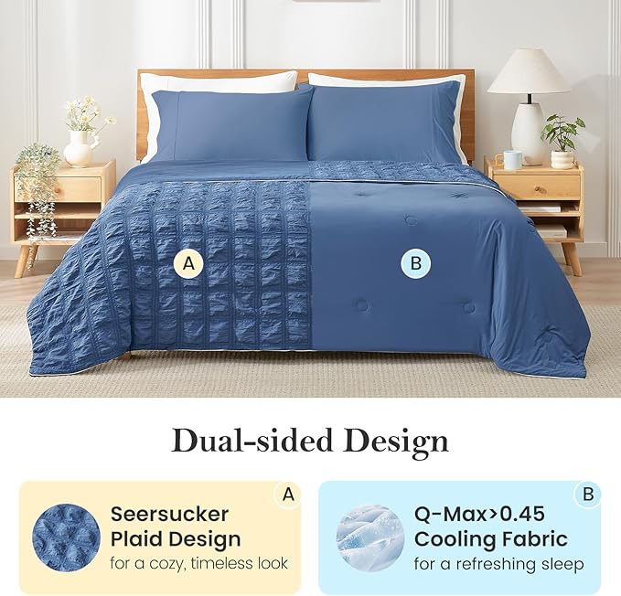 Cozy Bliss Cooling Comforter Seersucker Plaid Twin Size, Q-Max 0.45 Lightweight Cooling Blanket, Breathable Silk Smooth Summer Bedding Quilt for Hot Sleepers Night Sweats Denim Blue