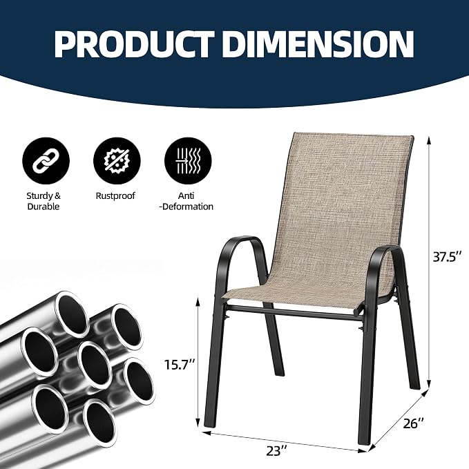 HOMREST Patio Chairs Set of 4,Outdoor Dining Chairs with Armrests,Backyard Stackable Chairs with Breathable Fabric & Metal Frame for All Weather,Brown - Image 3