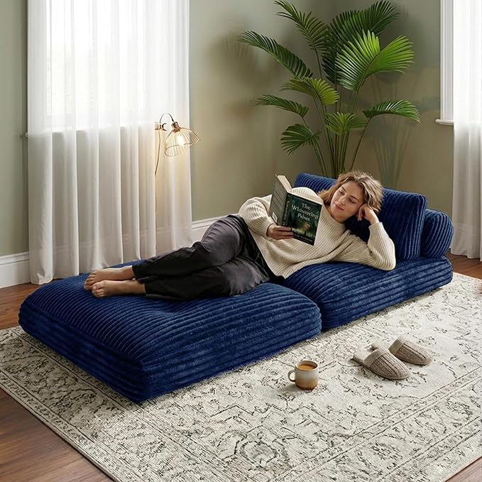 Plush Corduroy Folding Sofa Bed, Free Setup Floor Beds, 34" Boneless Couch for Small Spaces, Corner Chair, Convertible Sleeper Chair, Corner Couch, Foldable Sleeper Sofa Beds, Blue