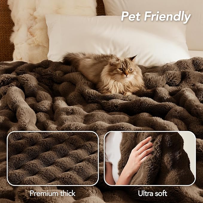 L'AGRATY Faux Rabbit Fur Blanket: 90" x 90" Queen Luxury Soft Fluffy Thick Fur Throw Blanket for Couch Bed Sofa - Cozy Plush Bubble Blankets for Winter: Flannel Fleece Decorative Blanket(Cocoa Brown)