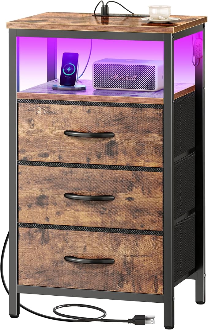 Huuger Night Stand with Charger Station and LED Lights, 3 Drawer Nightstand, Bed Side Table with Open Shelf, End Table, Tall Fabric Dresser for Bedroom, Rustic Brown by Huuger