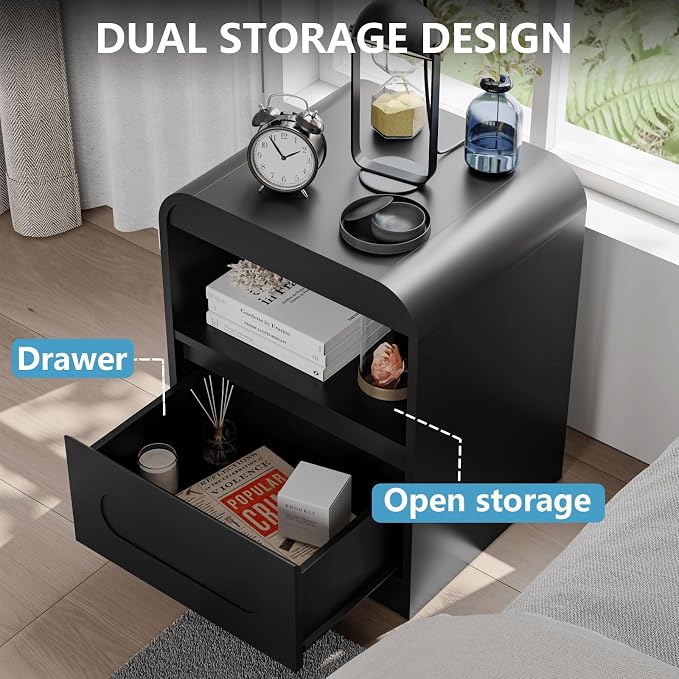 Night Stand [Curved Profile] Nightstand with 1 Drawer and 1 Storage Black Bed Side Table End Table Large Modern Wide Bedside Stand Tall Night Stands for Bedroom Living Room Sofa Couch Home Office - Image 4
