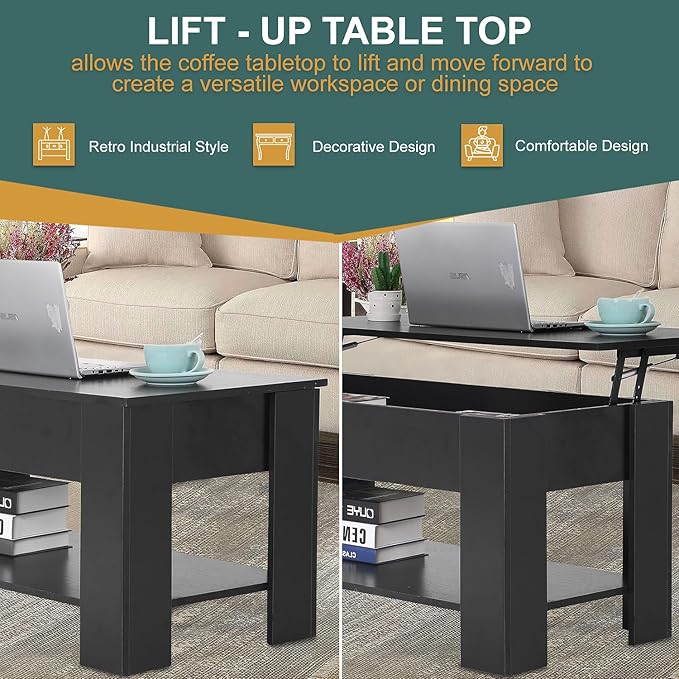 PayLessHere Coffee Table Lift Top Coffee Tables with Hidden Compartment and Storage Shelf Wooden Lift Tabletop Dining Table for Living Room Home (Black, 39" D x 28" W x 24" H)