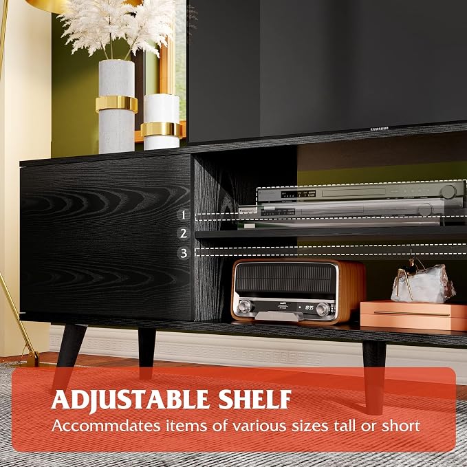 WLIVE Mid-Century Modern TV Stand for 55/60 Inch TV, Entertainment Center with Storage & Adjustable Shelves, Media Console with Soft-Close Cabinets for Living Room/Bedroom, Black - Image 7