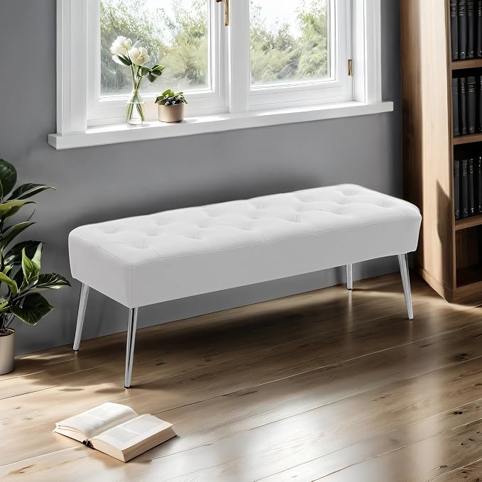 DUHOME Button-Tufted Ottoman Bench, Upholstered Footrest Stool Rectangular Dining Bench Leather Accent Bench for Entryway Dining Room Living Room Bedroom, White - Image 7