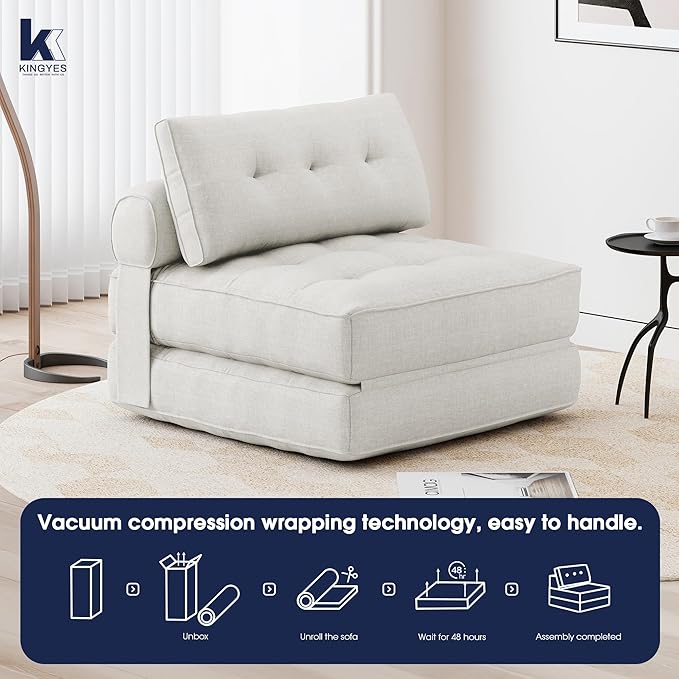 KINGYES Folding Chair Bed, 3 in 1 Convertible Sleeper Chair with Pillow, Foldable Futon Chair for Living Room, Beige