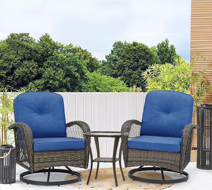 EROMMY 3 Pieces Outdoor Swivel Rocker Patio Chairs, 360 Degree Rocking Patio Conversation Set with Thickened Cushions and Glass Coffee Table for Backyard, Navy Blue