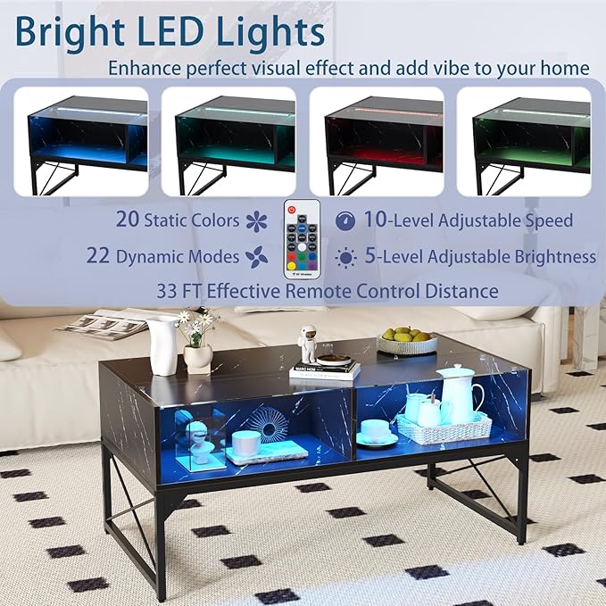 Tangkula LED Coffee Table, High Glossy Center Table with 4 Storage Cubes, Faux Marble & Tempered Glass Top, Adjustable Light Colors, Remote Control, Modern Cocktail Table for Living Room (Black)
