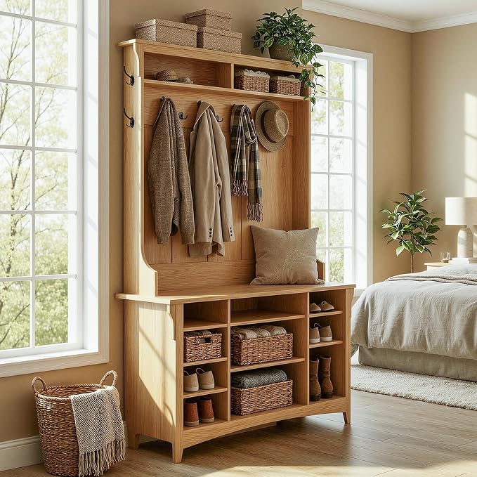 IRONCK Hall Tree with Bench and Shoe Storage, 6-in-1 Entryway Bench with Coat Rack, Adjustable Shelf, Hanging Hooks, 11 Shoe Cubbies, 2-Tier Top Storage, for Entryway, Bedroom, Living Room, Oak - Image 9