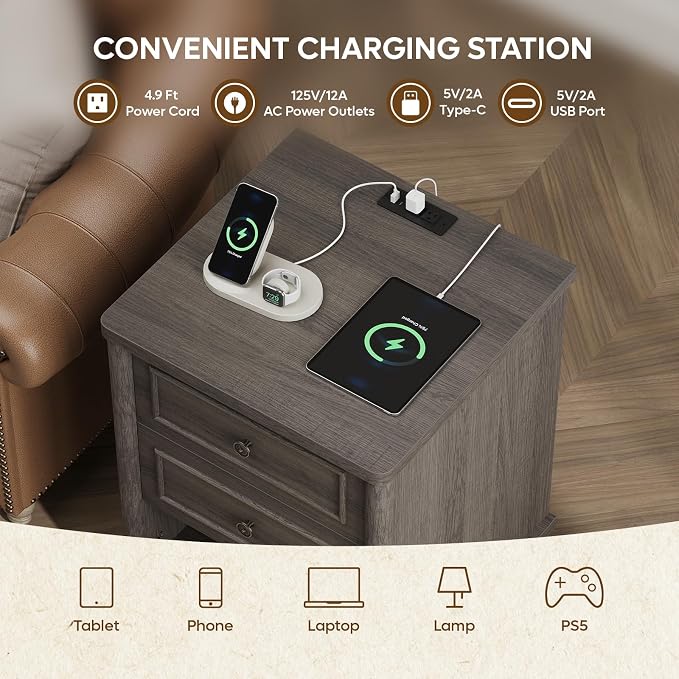 Bestier Nightstand Set of 2, 26.7" Farmhouse Night Stand with Chargeing Station, Wood Modern Nightstand with 2 Drawers & Shelf, Bed Side Table with Outlets & Ports, End Table for Bedroom, Black - Image 5