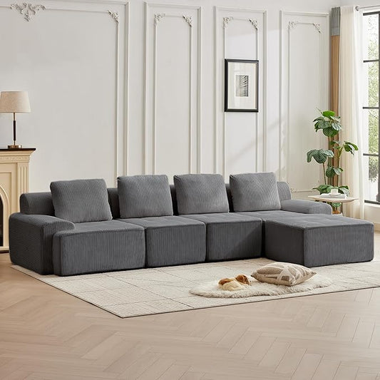 Modular Sectional Sofa with Movable Ottoman, 4 Seat Deep Seat Couch with 4 Pillows, Comfy Cloud Sectional Sofa for Living Room, Bedroom and Apartment (Grey, 1 Left+1 Right+2 Middle+1 Ottoman)