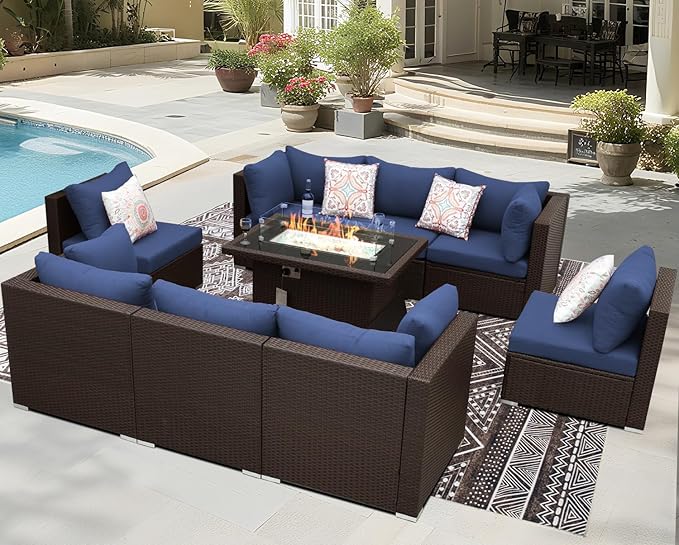 BULEXYARD 9 Pcs High Back Outdoor Sectional Set with Firepit Table, Luxury Patio Furniture Seating Set, Oversized Wide Deep Modular 8-Seater Couch Sofa for Backyard, Brown Wicker & Navy Blue Cushion