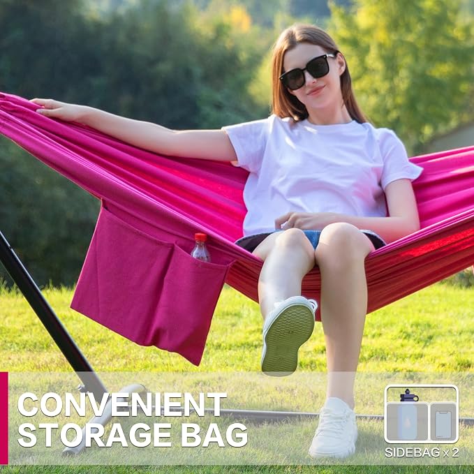 PNAEUT Double Hammocks with Stand for Outside, Portable Space Saving Heavy-Duty Steel Stand for Indoor Outdoor Patio with Carrying Bag, 450 lbs Capacity (Rose Pink) - Image 4