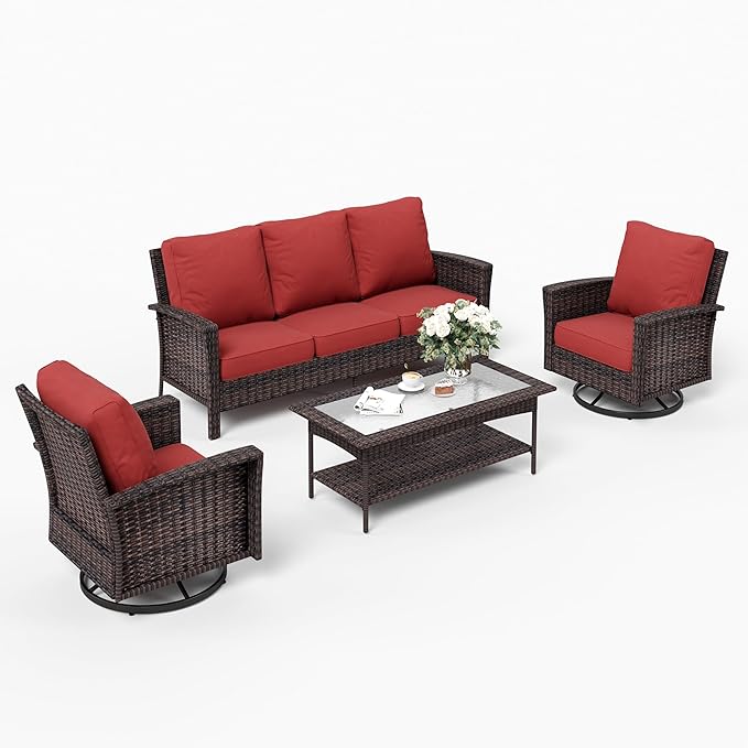 Patio Furniture Set with Swivel Chairs, High Back Wicker Rattan Furniture with 5.5" Thick Cushions and Coffee Table, Outdoor Conversation Set for Backyard Deck, 5 Seats, Red