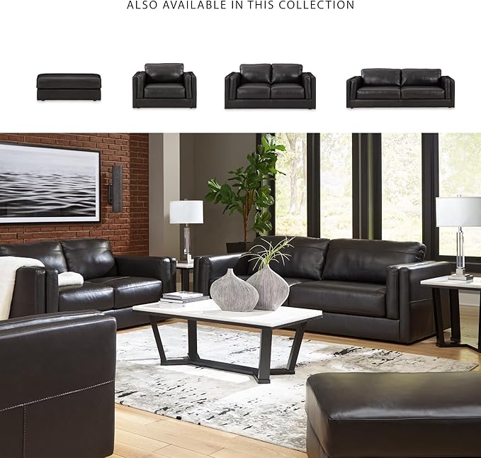 Signature Design by Ashley Amiata Contemporary Firmly Cushioned Leather Rectangular Ottoman, Black