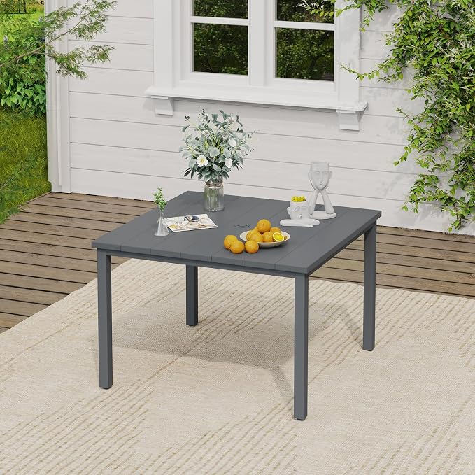 VICLLAX 5 Pieces Patio Dining Set, Patio Furniture Set of 4 Patio Stackable Chairs and Outdoor Metal Square Table with Umbrella Hole for Backyard Lawn Garden, Dark Grey Chairs and Dark Grey Table - Image 5