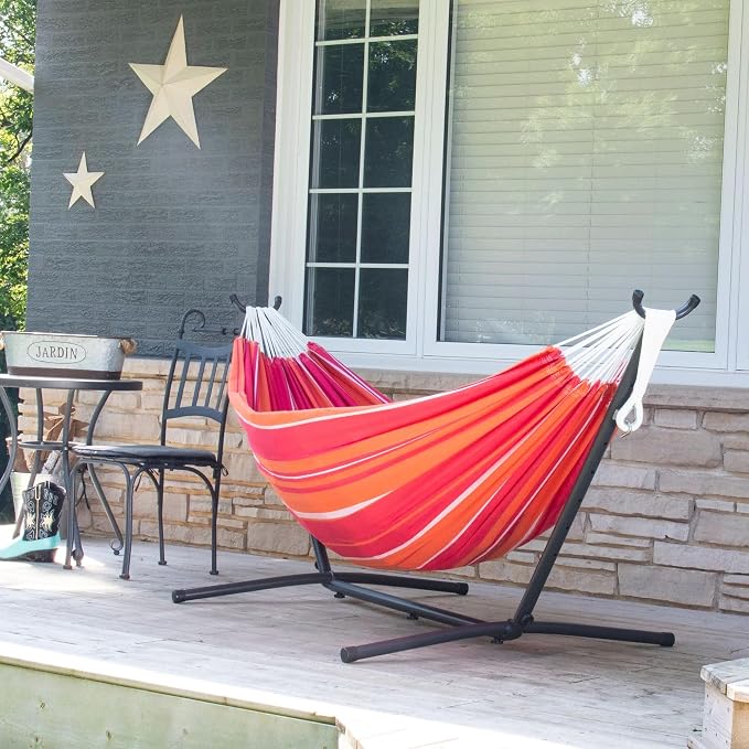 Vivere Double Cotton Hammock with Space Saving Steel Stand, Upgraded Polyester End Strings 450 lb Capacity - Premium Carry Bag Included - USA Grown Cotton (Mimosa) - Image 6