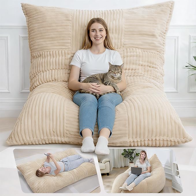 HOMRELEXA Giant Bean Bag Chair, 3-in-1 Convertible Bean Bag Floor Cushion with Washable Cover,Beanbag Chairs for Adult, Living Room, Bedroom, Cream