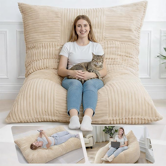 HOMRELEXA Giant Bean Bag Chair, 3-in-1 Convertible Bean Bag Floor Cushion with Washable Cover,Beanbag Chairs for Adult, Living Room, Bedroom, Cream