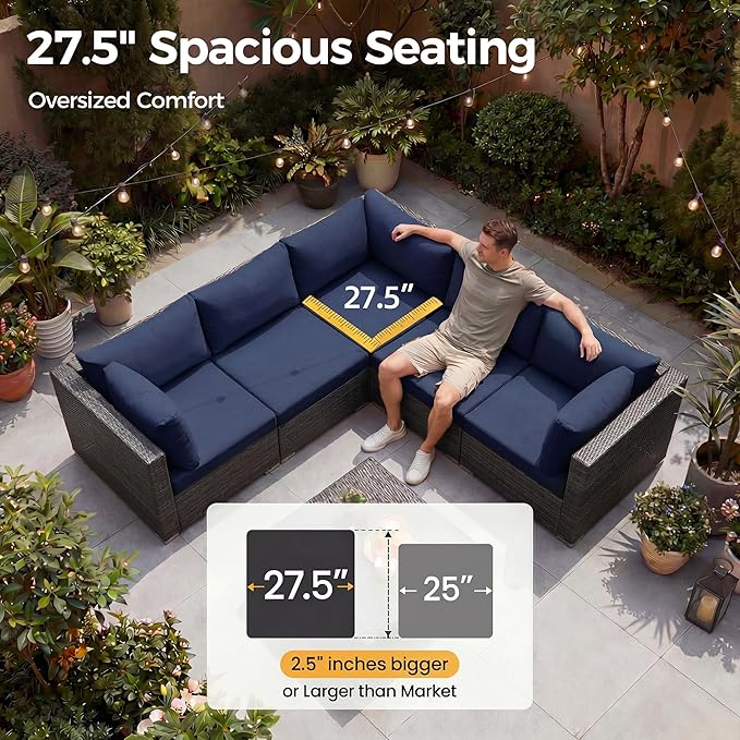 NICESOUL 9 Piece Oversized Outdoor Patio Furniture Set, 29.3'' High Back Comfy Sectional Sofa Set with Firepit Natural Gas & Propane, Deep Seating Conversation Couches, 2 Color Cushion Navy & Gray
