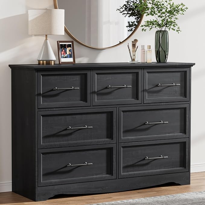 Black Dresser for Bedroom, Modern 7 Chest of Drawers, 47" Wide Chest of Drawers w/Brushed Metal Handle, Wood Closet Organizers and Storage Cabinet for Bedroom, Living Room, Hallway by Harpaq