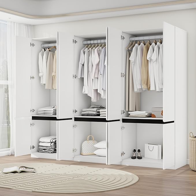 Bedroom Armoire Wardrobe Closet with 6 Doors: 75" White Wardrobe Cabinet for Clothes, Wooden Closet with Hanging Rod, Modern Armoire with Shelves (3)