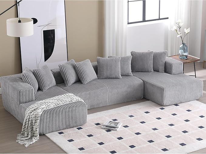133" Oversized U-Shaped Modular Sectional Sofa, No Assembly Required Floor Couch, Memory Foam Cloud Sofa with 12 Lumbar Pillows, Corduroy Upholstery | Breathable material, Non-Slip, Wider Armrest