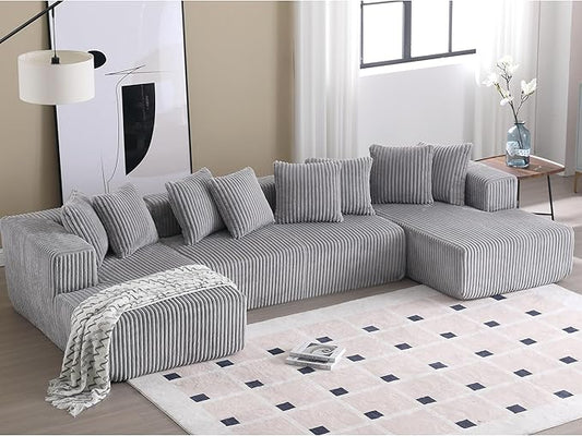 133" Oversized U-Shaped Modular Sectional Sofa, No Assembly Required Floor Couch, Memory Foam Cloud Sofa with 12 Lumbar Pillows, Corduroy Upholstery | Breathable material, Non-Slip, Wider Armrest