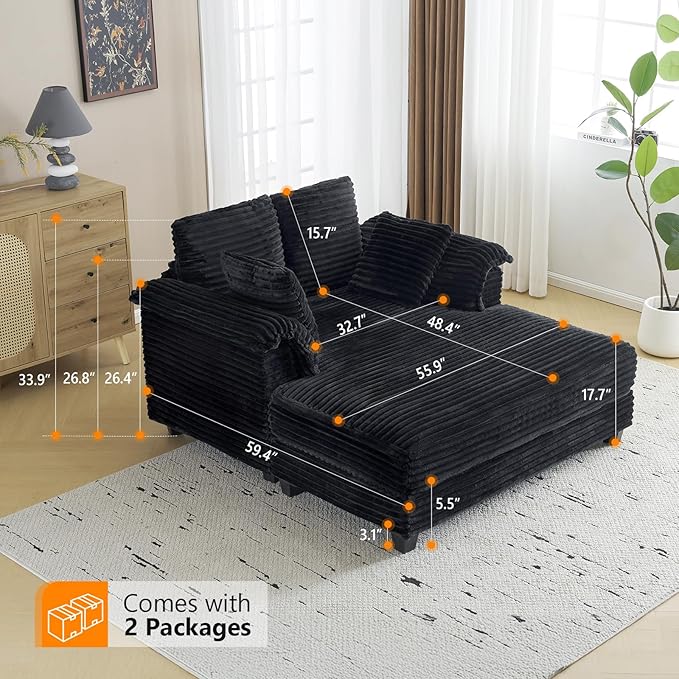 VINGLI Lounge Chair, 56" Oversized Reading Chair Corduroy Chaise Sofa Recliner Bed Upholstered Comfy Sleeper Couch with Throw Pillows and Armrests for Living Room, Movie Room, Bedroom