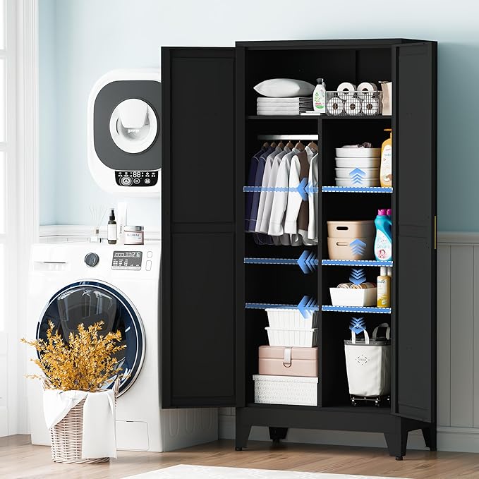 71" Steel Combination Wardrobe Closet, Metal Storage Wardrobe Cabinet with 2 Doors, Hanging Rod & Shelves, Black Metal Armoire Wardrobes Clothing Coat Cabinet for Bedroom, Office, School