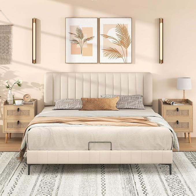 Giantex Rattan Nightstand with 2 Drawers, Boho End Table with 4 Solid Wood Legs, Mid-Century Modern Bedside Table with Storage, Wooden Night Stand for Small Spaces Bedroom, Natural - Image 7
