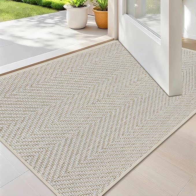 Ultra Thin Indoor Door Mat 17"x29", Washable Door Mat Indoor Entrance, Non Slip Rubber Backing Doormat Low-Profile Inside Entryway Mat, Unique Herringbone Design Entry Mat, Khaki (FOLD) by Unknown