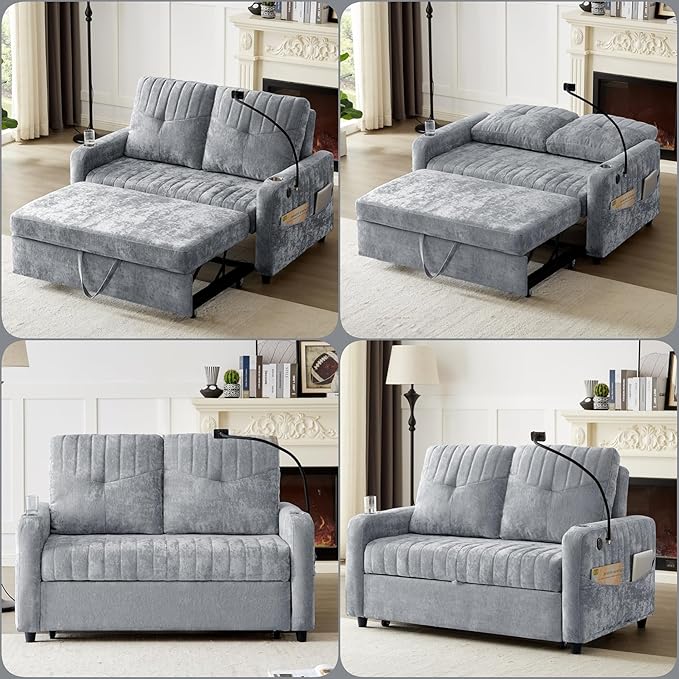 Merax Chenille 3-in-1 Pull Out Sleeper Sofa Bed Couch, 54" Convertible Futon Loveseat with Adjustable Backrest, 2 Cup Holders, Phone Stand, 3 Charging Ports and Storage Pockets for Living Room, Gray
