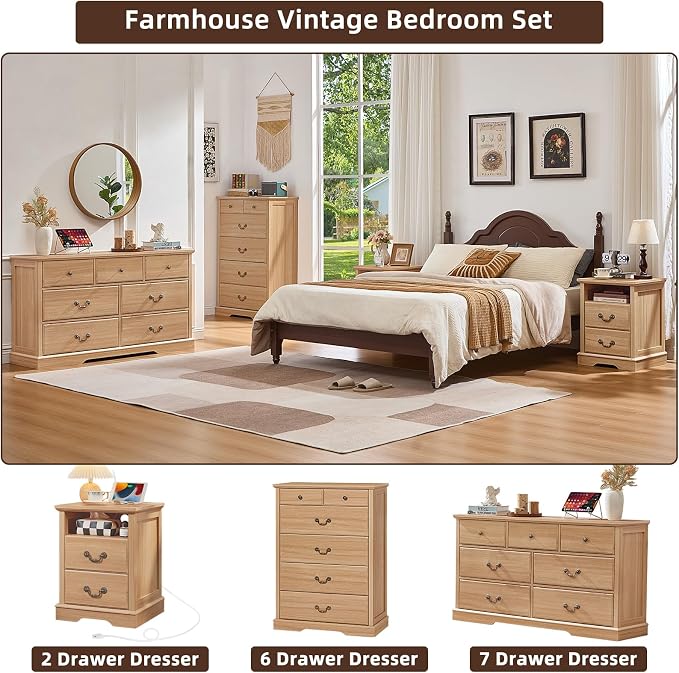 Farmhouse Nightstands Set of 2 with Charger Station, 2 Drawers Night Stand with Storage Shelf, Natural Wood 18" Wide Bedside Table, Rustic Bed Side End Tables for Bedroom, Living Room - Image 7